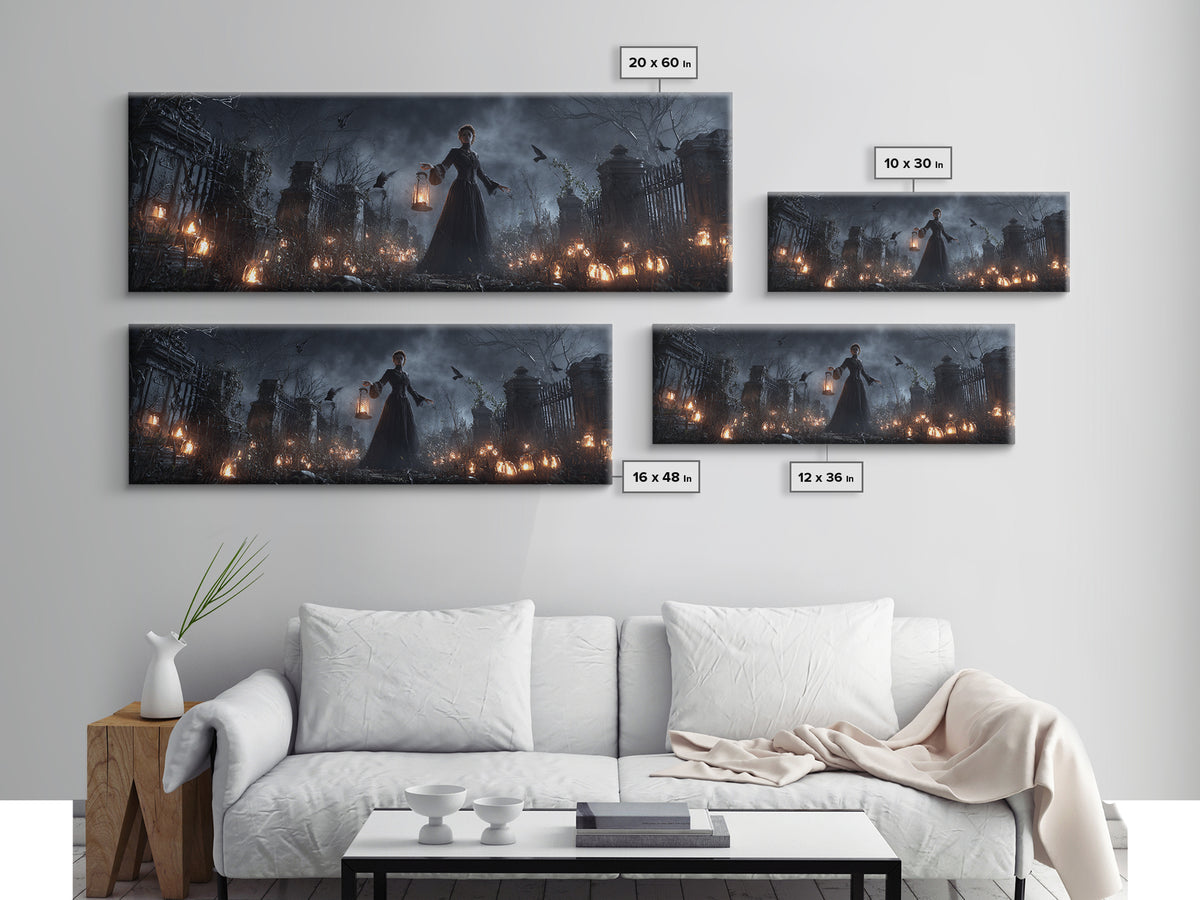 The Cemetery Lantern Festival, Extra Wide Wall Art, Macabre Wall Art, Framed Canvas Print, Halloween Wall Decor, Gothic Home Decor