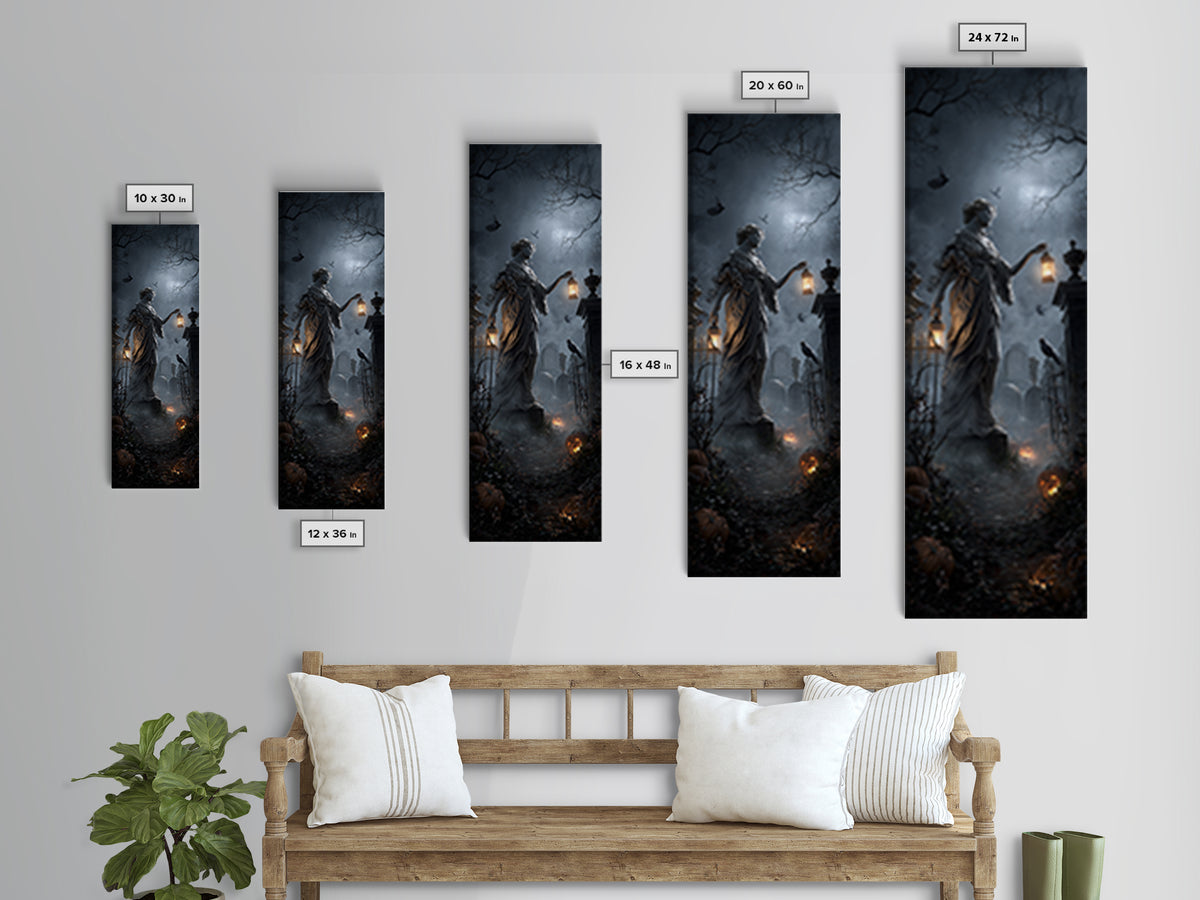 The Cemetery Lantern Festival, Tall Narrow Wall Art, Macabre Wall Art, Framed Canvas Print, Halloween Wall Decor, Gothic Home Decor