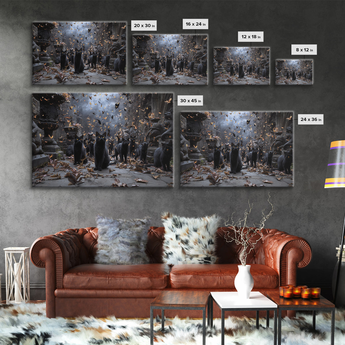 The Black Cat Gathering, Landscape Wall Art, Haunted Gothic Art, Framed Canvas Print, Halloween Wall Decor, Gothic Home Decor