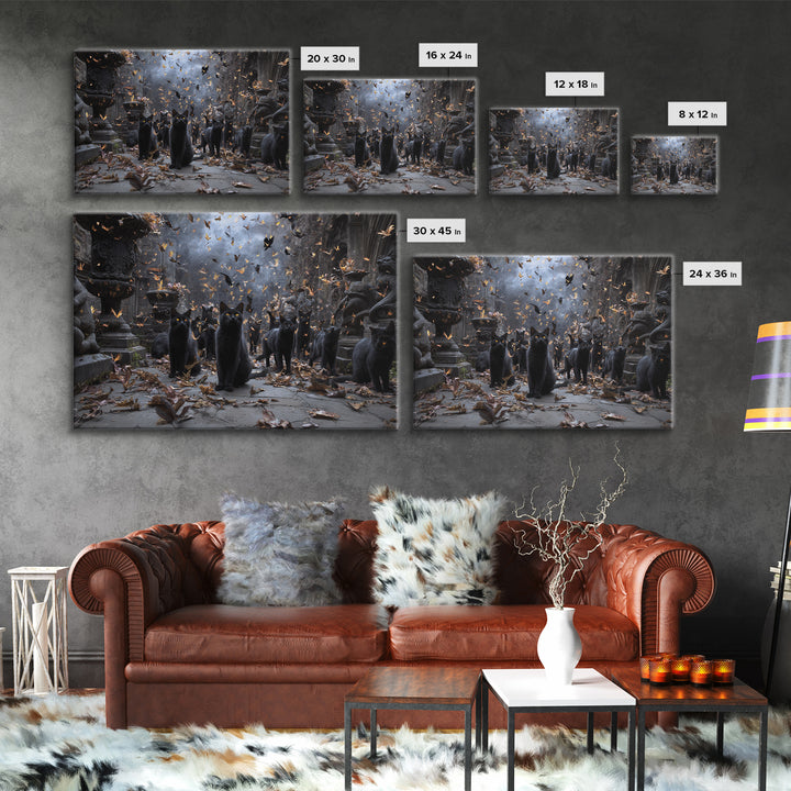 The Black Cat Gathering, Landscape Wall Art, Haunted Gothic Art, Framed Canvas Print, Halloween Wall Decor, Gothic Home Decor