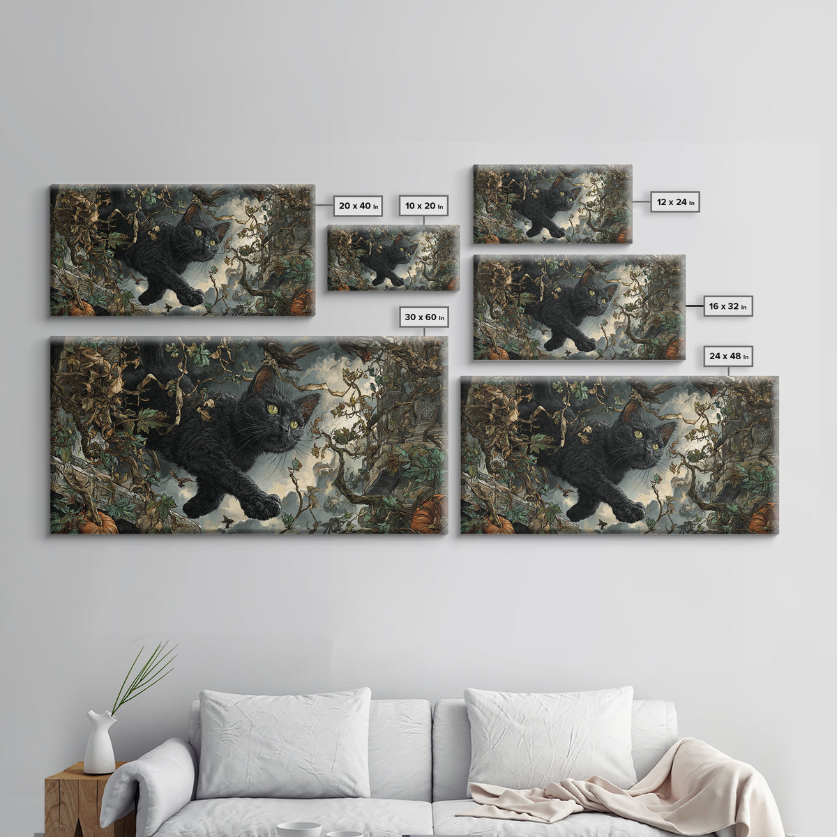 The Black Cat Gathering, Wide Panoramic Art, Gothic Horror Wall Art, Framed Canvas Print, Halloween Wall Decor, Gothic Home Decor