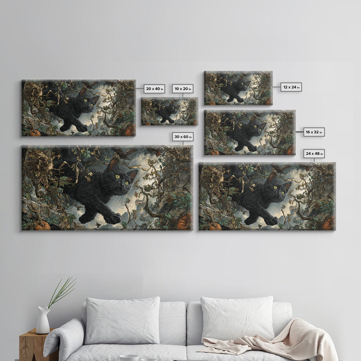 The Black Cat Gathering, Wide Panoramic Art, Gothic Horror Wall Art, Framed Canvas Print, Halloween Wall Decor, Gothic Home Decor