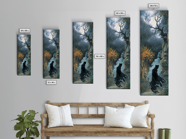 The Black Cat Gathering, Tall Narrow Wall Art, Dark Halloween Decor, Canvas Print, Halloween Wall Decor, Gothic Home Decor