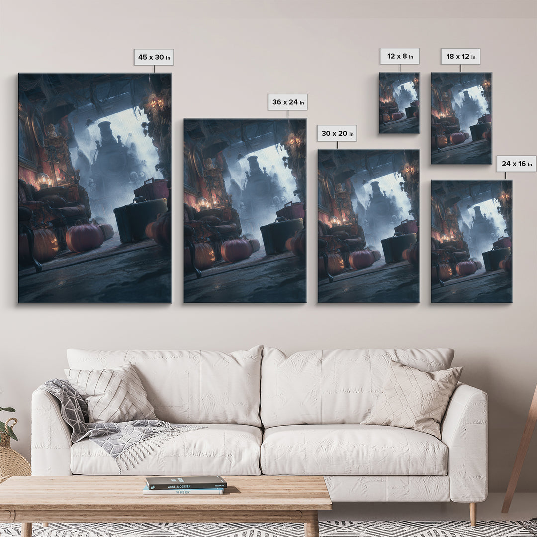 The Ghost Train Arrival, Vertical Wall Art, Haunted Gothic Art, Framed Canvas Print, Halloween Wall Decor, Gothic Home Decor
