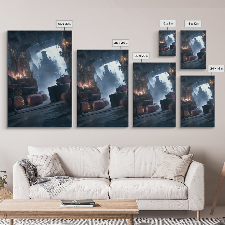 The Ghost Train Arrival, Vertical Wall Art, Haunted Gothic Art, Framed Canvas Print, Halloween Wall Decor, Gothic Home Decor