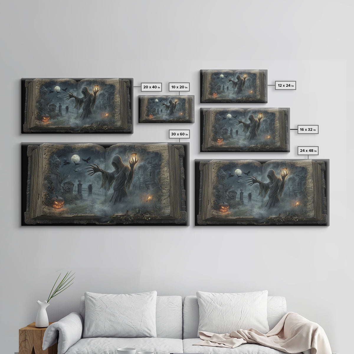 The Living Spellbook, Wide Panoramic Art, Macabre Wall Art, Framed Canvas Print, Halloween Wall Decor, Gothic Home Decor, Dark Fantasy Art