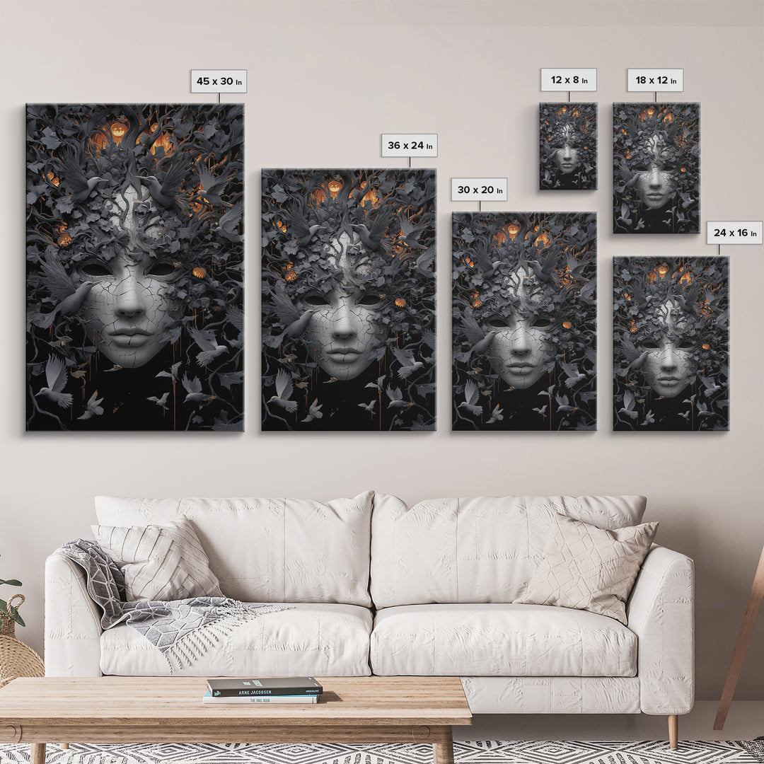 The Cracked Porcelain Mask, Vertical Wall Art, Dark Halloween Decor, Canvas Print, Halloween Wall Decor, Gothic Home Decor