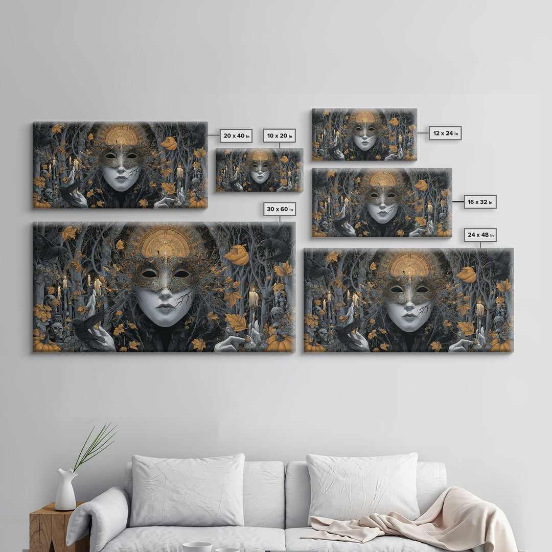 The Cracked Porcelain Mask, Wide Panoramic Art, Haunted Gothic Art, Framed Canvas Print, Halloween Wall Decor, Gothic Home Decor