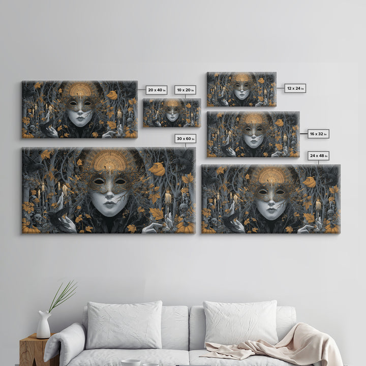 The Cracked Porcelain Mask, Wide Panoramic Art, Haunted Gothic Art, Framed Canvas Print, Halloween Wall Decor, Gothic Home Decor