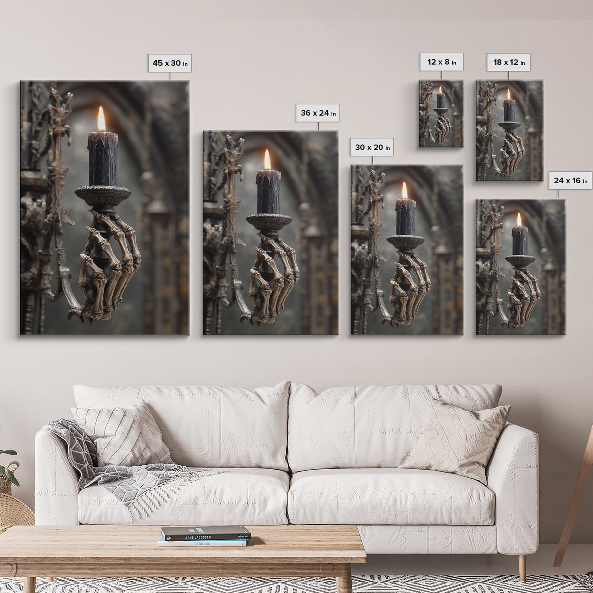 The Skeletal Hand Candleholder, Vertical Wall Art, Macabre Wall Art, Framed Canvas Print, Halloween Wall Decor, Gothic Home Decor