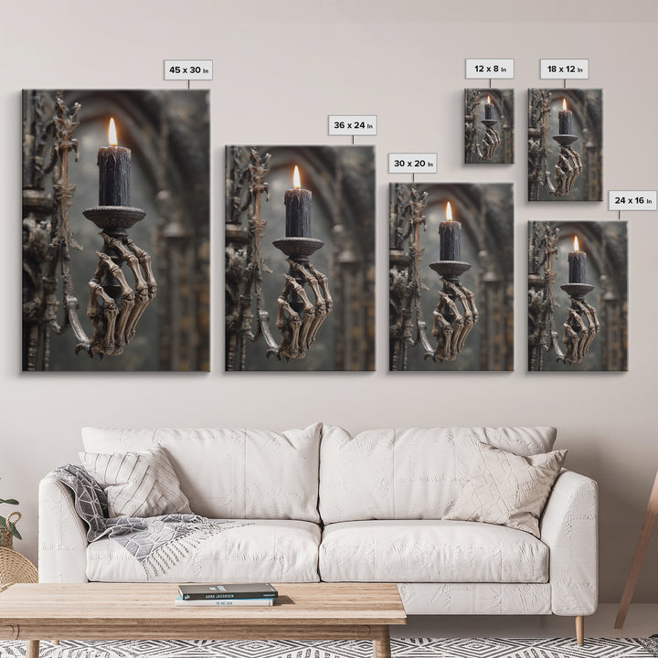 The Skeletal Hand Candleholder, Vertical Wall Art, Macabre Wall Art, Framed Canvas Print, Halloween Wall Decor, Gothic Home Decor