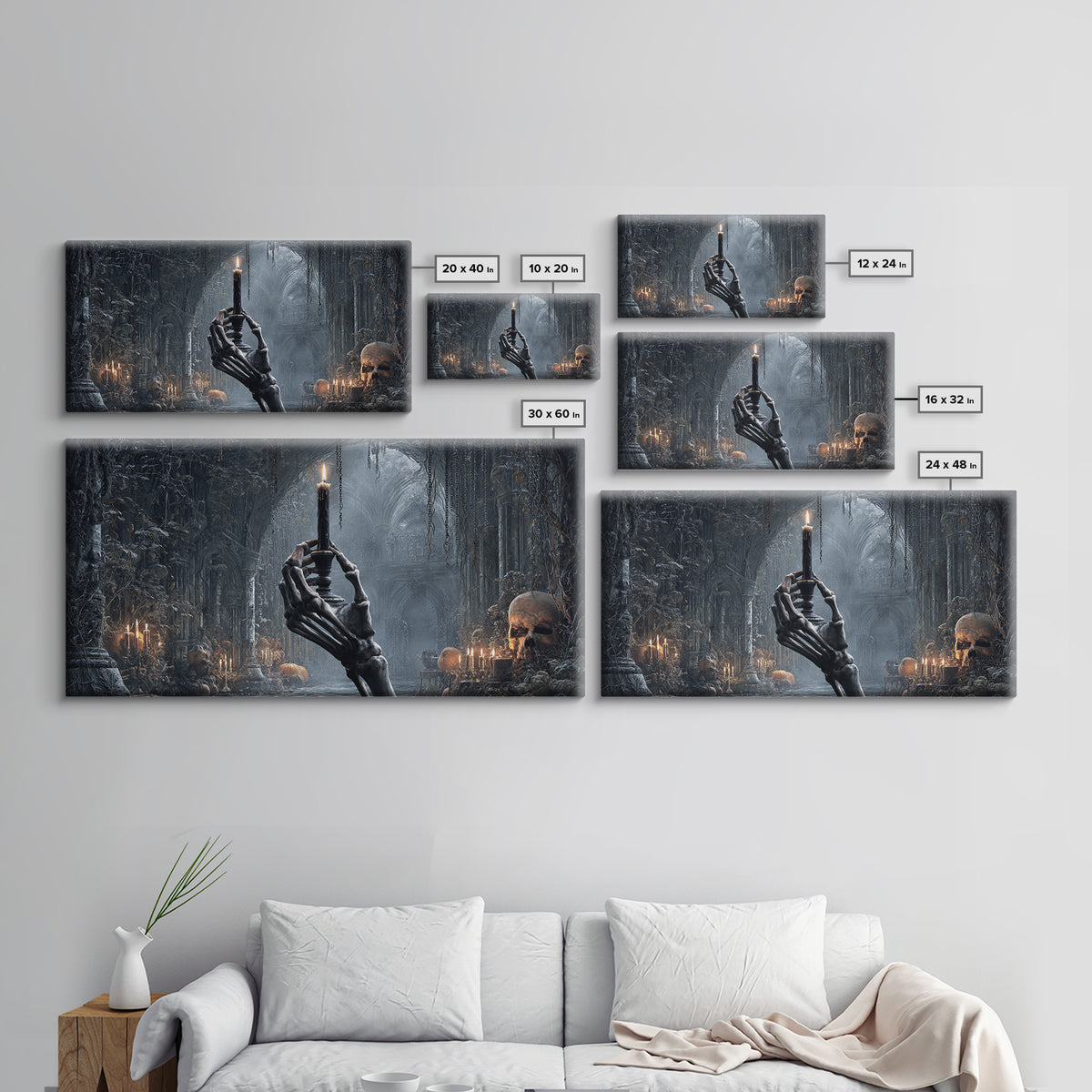 The Skeletal Hand Candleholder, Wide Panoramic Art, Spooky Home Decor, Canvas Print, Halloween Wall Decor, Gothic Home Decor
