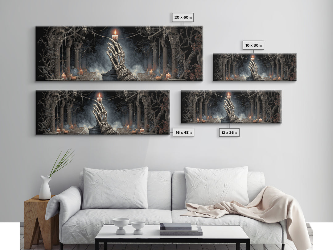 The Skeletal Hand Candleholder, Extra Wide Wall Art, Macabre Wall Art, Framed Canvas Print, Halloween Wall Decor, Gothic Home Decor