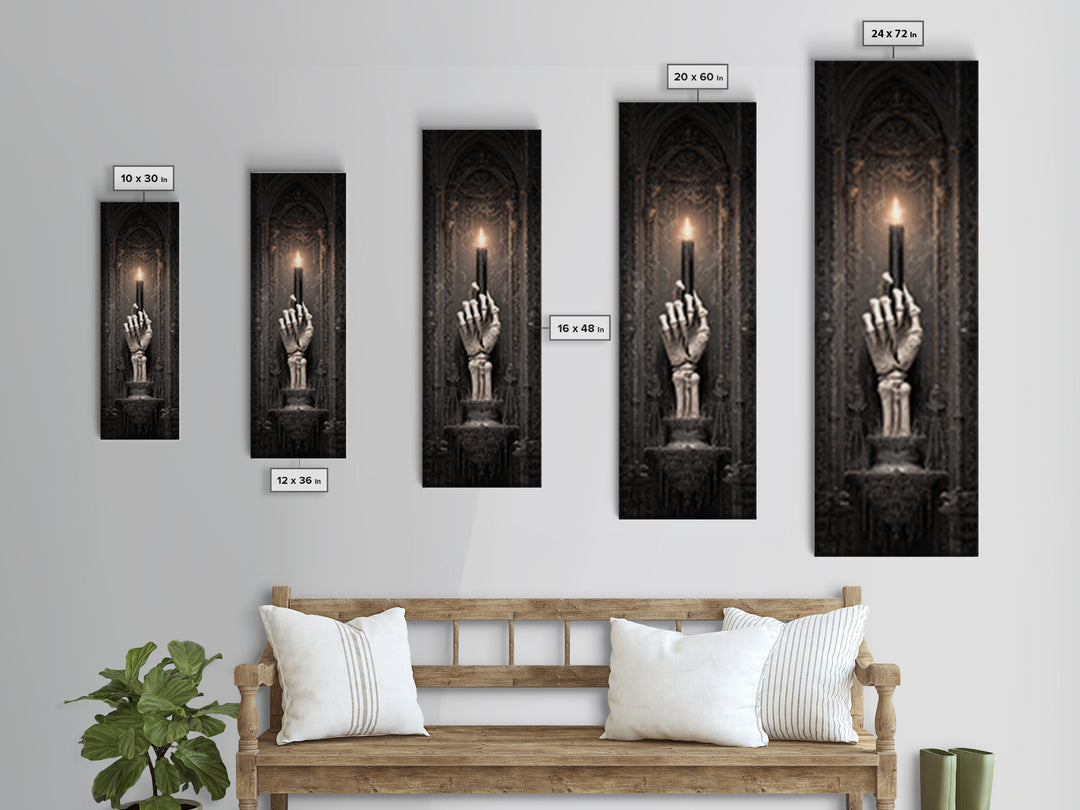 The Skeletal Hand Candleholder, Tall Narrow Wall Art, Macabre Wall Art, Framed Canvas Print, Halloween Wall Decor, Gothic Home Decor