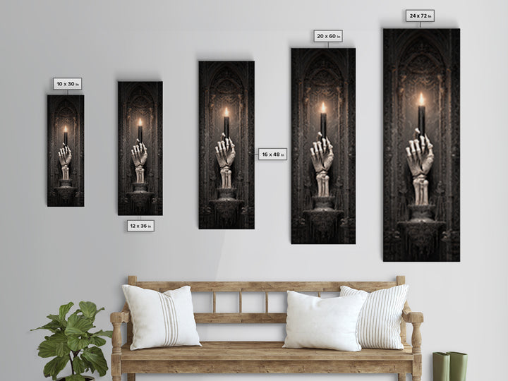 The Skeletal Hand Candleholder, Tall Narrow Wall Art, Macabre Wall Art, Framed Canvas Print, Halloween Wall Decor, Gothic Home Decor