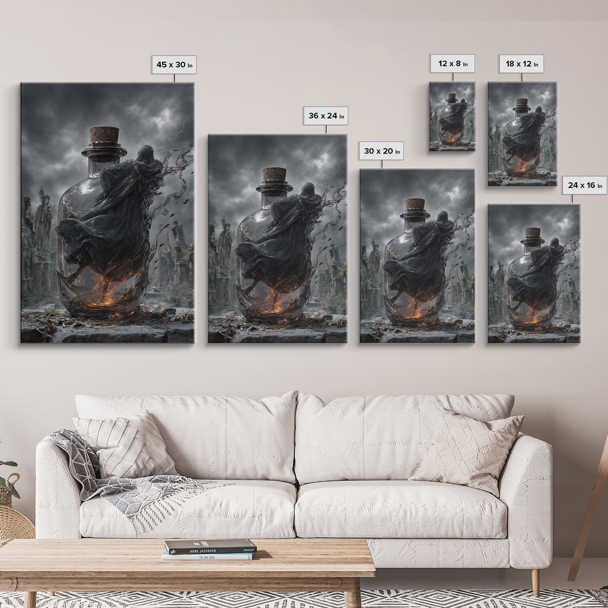The Bottled Ghost, Vertical Wall Art, Gothic Horror Wall Art, Framed Canvas Print, Halloween Wall Decor, Gothic Home Decor