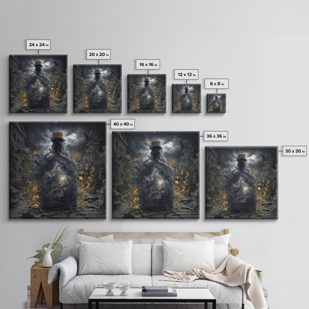 The Bottled Ghost, Square Wall Art, Gothic Horror Wall Art, Framed Canvas Print, Halloween Wall Decor, Gothic Home Decor, Macabre Wall Art