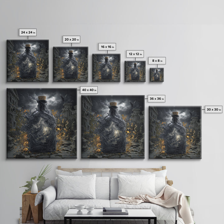 The Bottled Ghost, Square Wall Art, Gothic Horror Wall Art, Framed Canvas Print, Halloween Wall Decor, Gothic Home Decor, Macabre Wall Art