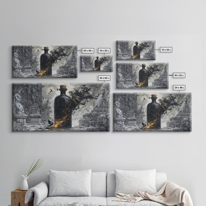 The Bottled Ghost, Wide Panoramic Art, Dark Fantasy Wall Art, Canvas Print, Halloween Wall Decor, Gothic Home Decor, Seasonal Home Decor