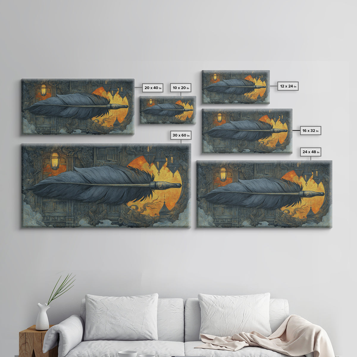 The Raven-Feather Quill, Wide Panoramic Art, Gothic Horror Wall Art, Framed Canvas Print, Halloween Wall Decor, Gothic Home Decor
