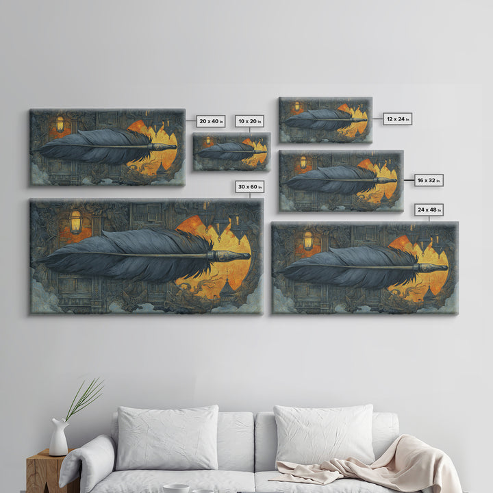 The Raven-Feather Quill, Wide Panoramic Art, Gothic Horror Wall Art, Framed Canvas Print, Halloween Wall Decor, Gothic Home Decor