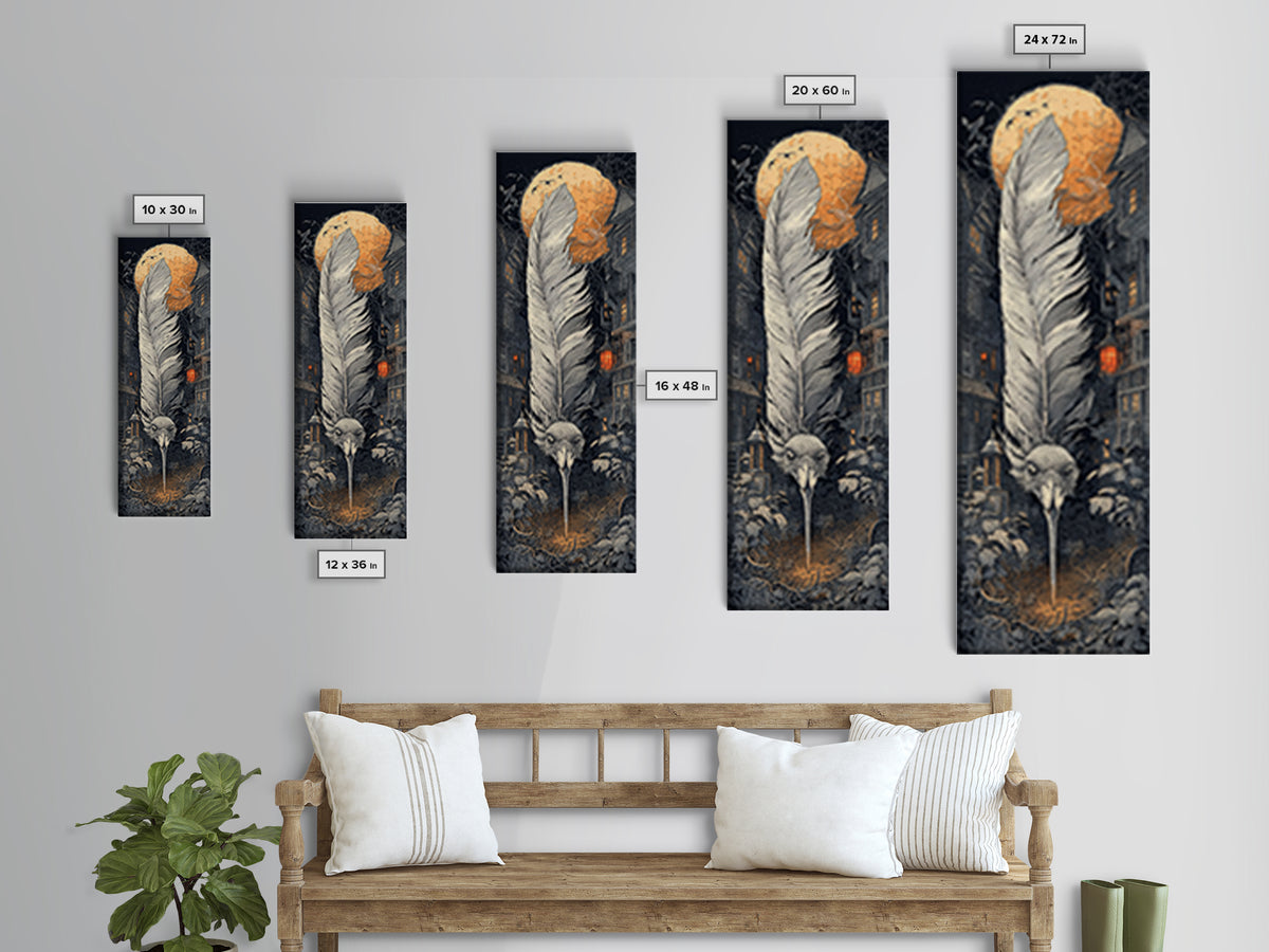 The Raven-Feather Quill, Tall Narrow Wall Art, Macabre Wall Art, Framed Canvas Print, Halloween Wall Decor, Gothic Home Decor