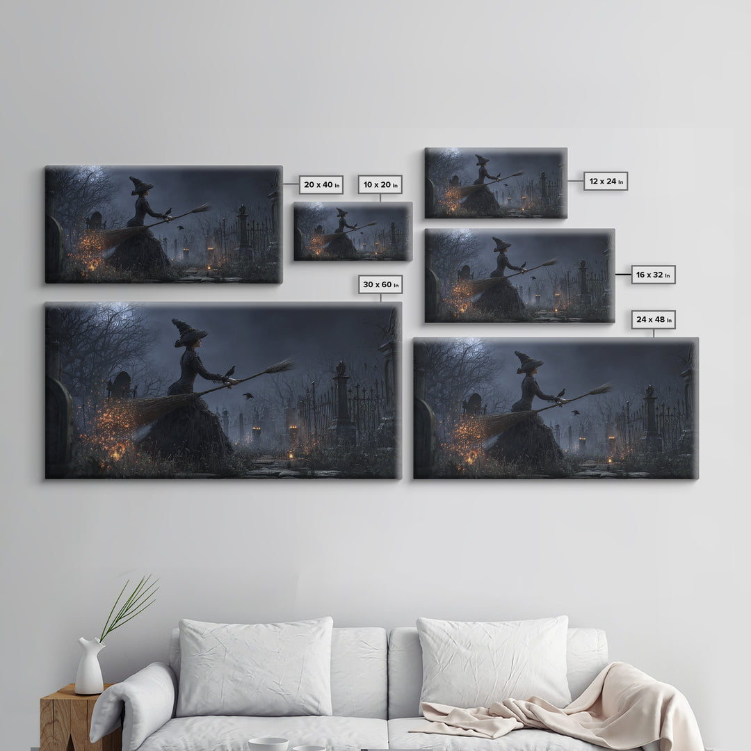 The Witch'S Broom, Wide Panoramic Art, Gothic Horror Wall Art, Framed Canvas Print, Halloween Wall Decor, Gothic Home Decor, Halloween Decor