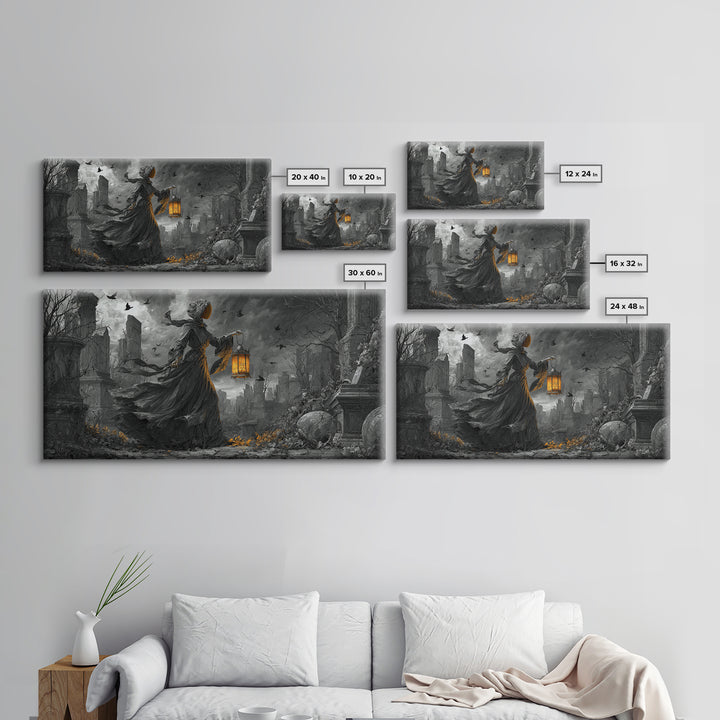The Bone-Handled Lantern, Wide Panoramic Art, Spooky Home Decor, Canvas Print, Halloween Wall Decor, Gothic Home Decor, Dark Fantasy Art