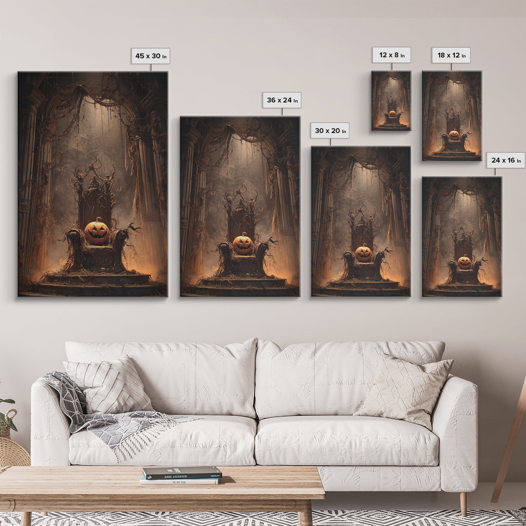 The Jack-O'-Lantern Throne, Vertical Wall Art, Gothic Horror Wall Art, Framed Canvas Print, Halloween Wall Decor, Gothic Home Decor