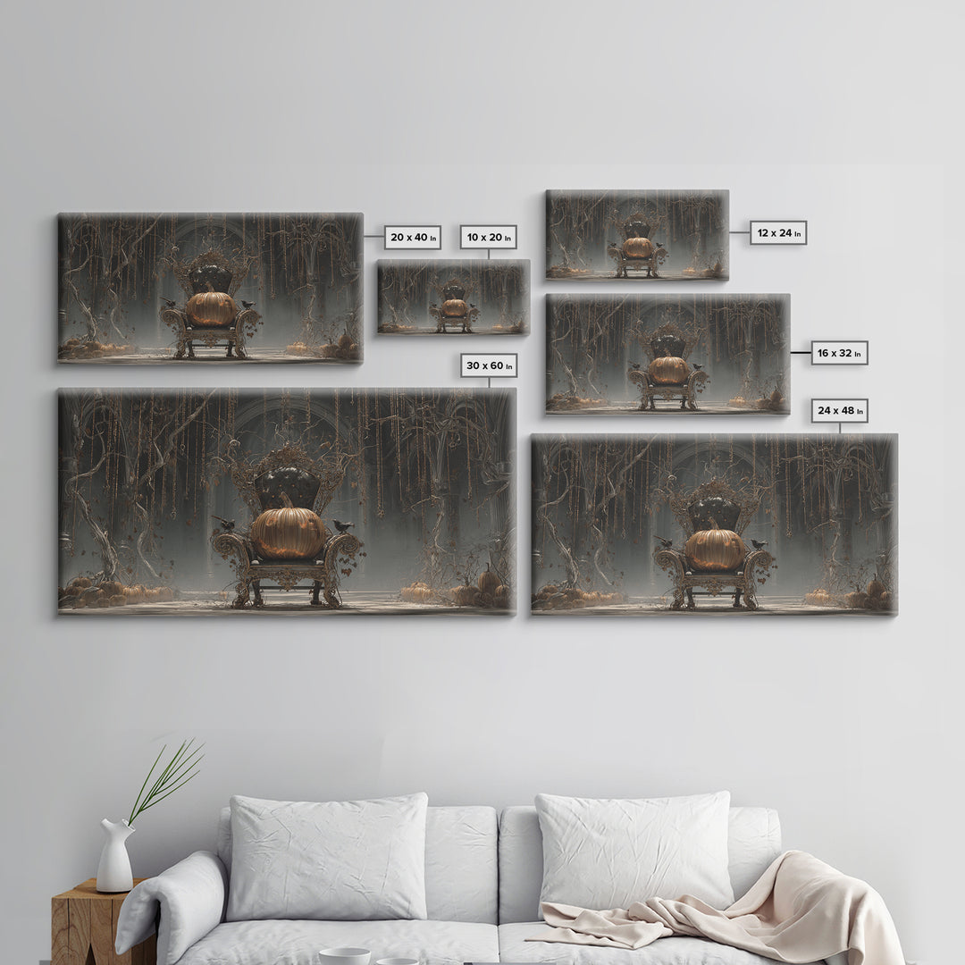 The Jack-O'-Lantern Throne, Wide Panoramic Art, Macabre Wall Art, Framed Canvas Print, Halloween Wall Decor, Gothic Home Decor
