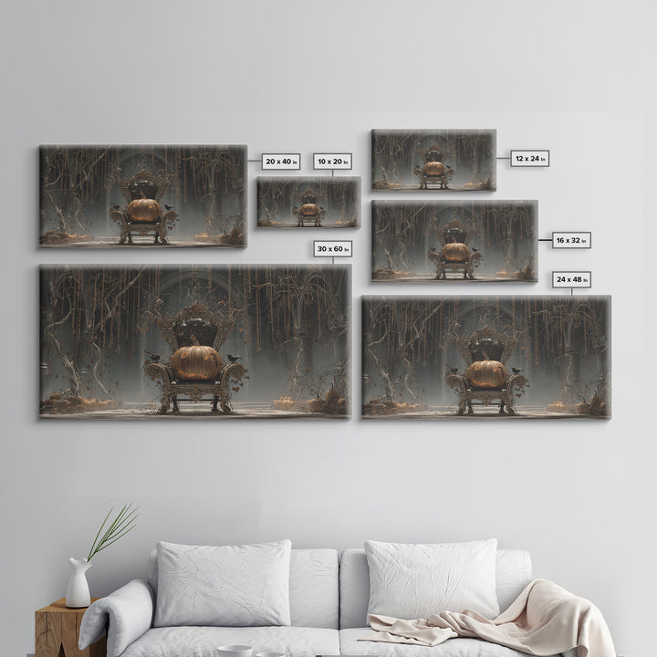 The Jack-O'-Lantern Throne, Wide Panoramic Art, Macabre Wall Art, Framed Canvas Print, Halloween Wall Decor, Gothic Home Decor