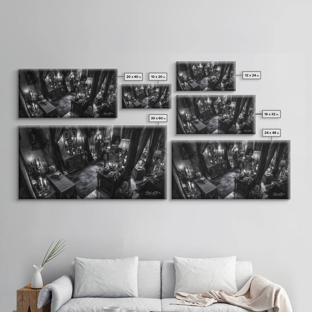 Monochrome Gothic Halloween, Wide Panoramic Art, Macabre Wall Art, Framed Canvas Print, Halloween Wall Decor, Gothic Home Decor