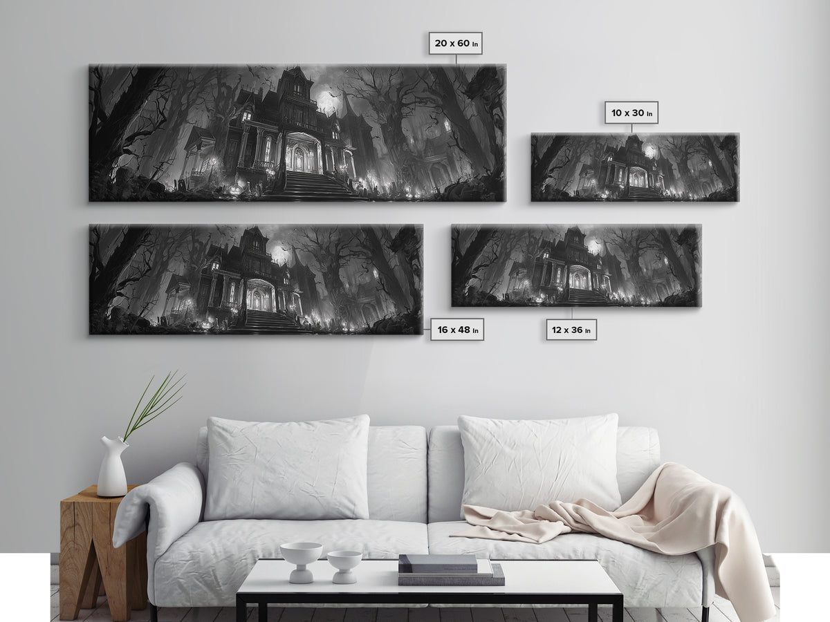 Monochrome Gothic Halloween, Extra Wide Wall Art, Spooky Home Decor, Canvas Print, Halloween Wall Decor, Gothic Home Decor, Dark Fantasy Art