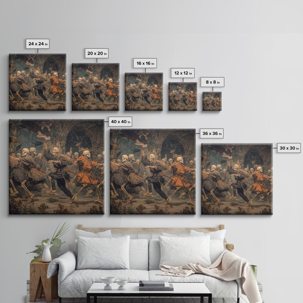 Medieval Danse Macabre, Square Wall Art, Macabre Wall Art, Framed Canvas Print, Halloween Wall Decor, Gothic Home Decor, Spooky Wall Decor