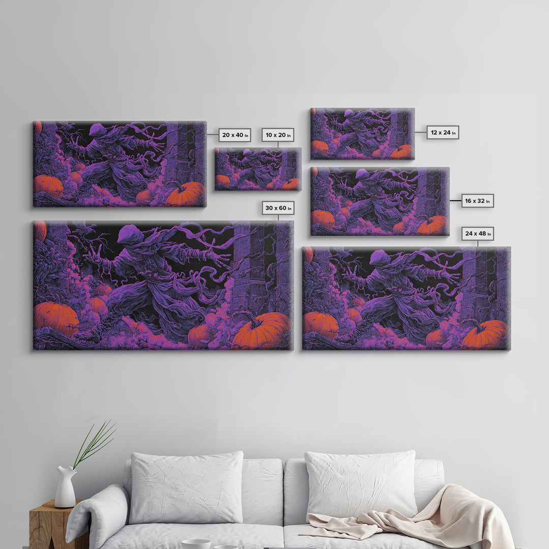 1980s Neon Horror, Wide Panoramic Art, Spooky Home Decor, Canvas Print, Halloween Wall Decor, Gothic Home Decor, Macabre Wall Art