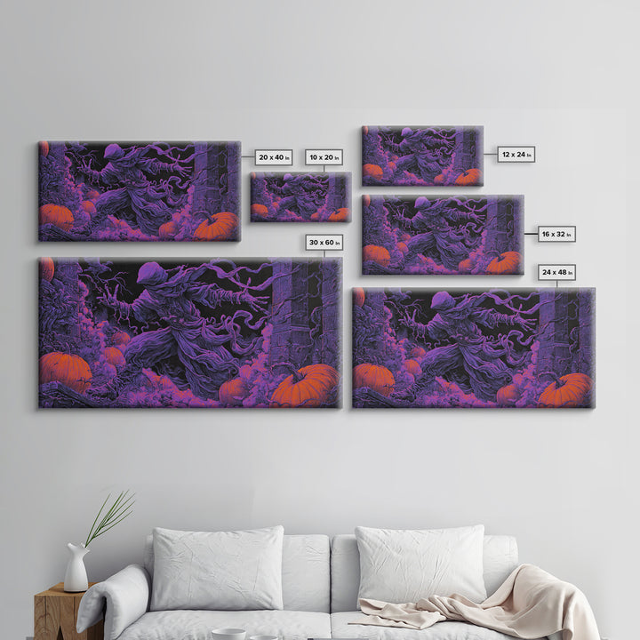 1980s Neon Horror, Wide Panoramic Art, Spooky Home Decor, Canvas Print, Halloween Wall Decor, Gothic Home Decor, Macabre Wall Art