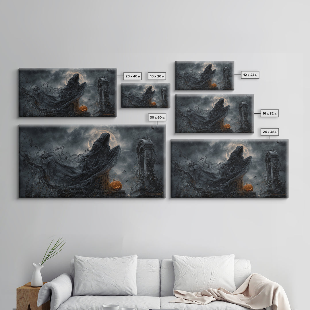 Haunted Seaside Halloween, Wide Panoramic Art, Spooky Home Decor, Canvas Print, Halloween Wall Decor, Gothic Home Decor, Macabre Wall Art