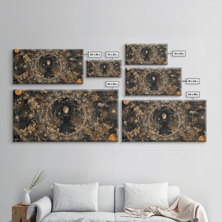 Black Lace And Cobwebs, Wide Panoramic Art, Haunted Gothic Art, Framed Canvas Print, Halloween Wall Decor, Gothic Home Decor
