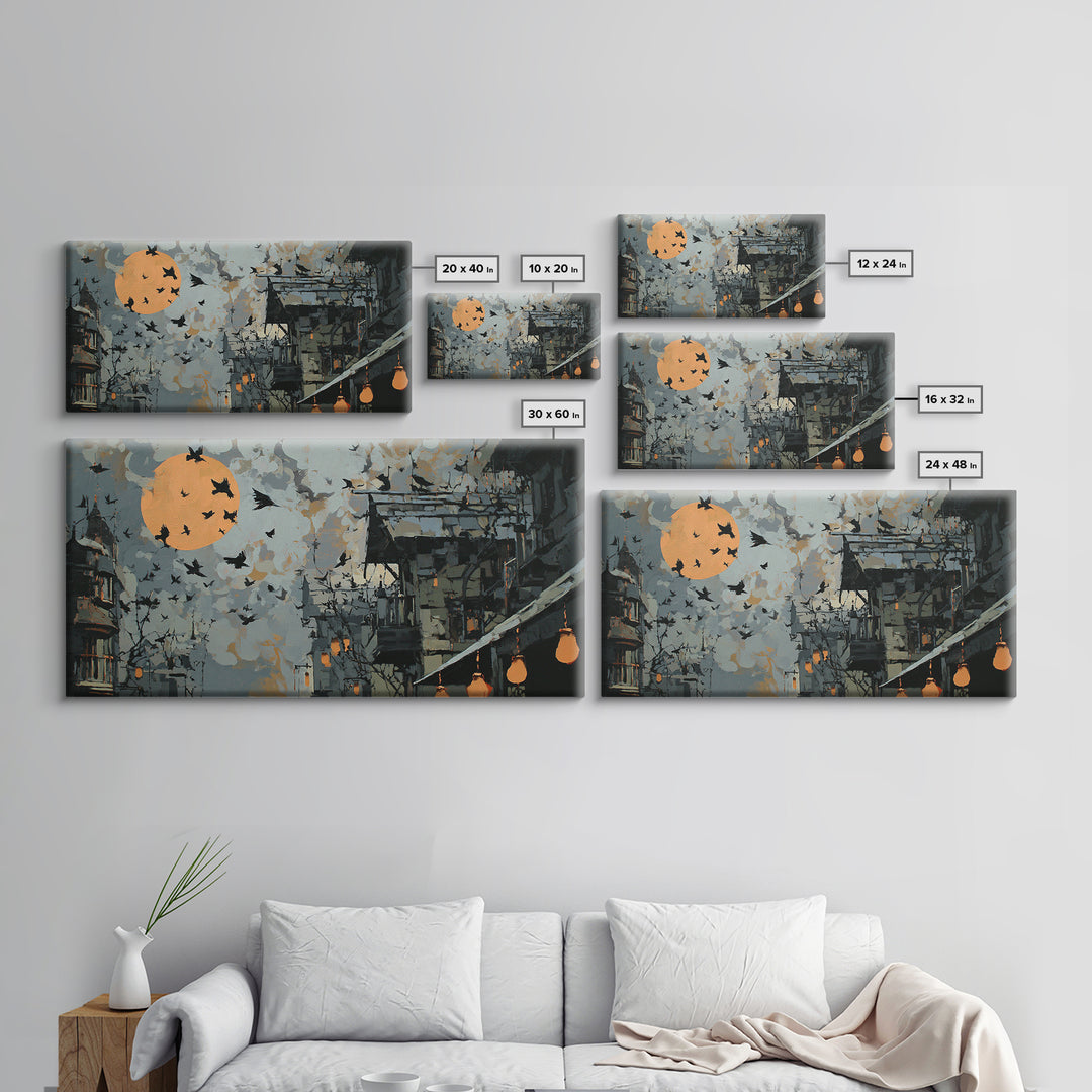 Ravens And Ruins, Wide Panoramic Art, Spooky Home Decor, Canvas Print, Halloween Wall Decor, Gothic Home Decor, Macabre Wall Art