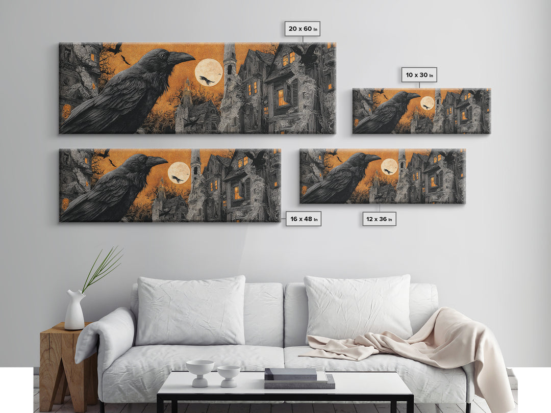 Ravens And Ruins, Extra Wide Wall Art, Macabre Wall Art, Framed Canvas Print, Halloween Wall Decor, Gothic Home Decor, Halloween Decor