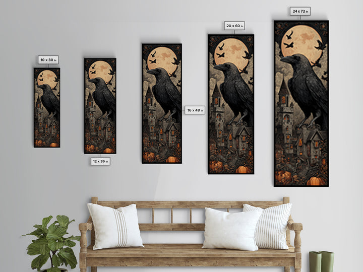 Ravens And Ruins, Tall Narrow Wall Art, Haunted Gothic Art, Framed Canvas Print, Halloween Wall Decor, Gothic Home Decor