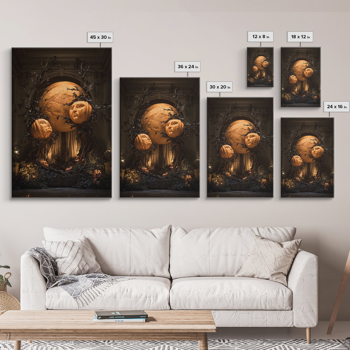 Pumpkins And Moon Phases, Vertical Wall Art, Macabre Wall Art, Framed Canvas Print, Halloween Wall Decor, Gothic Home Decor