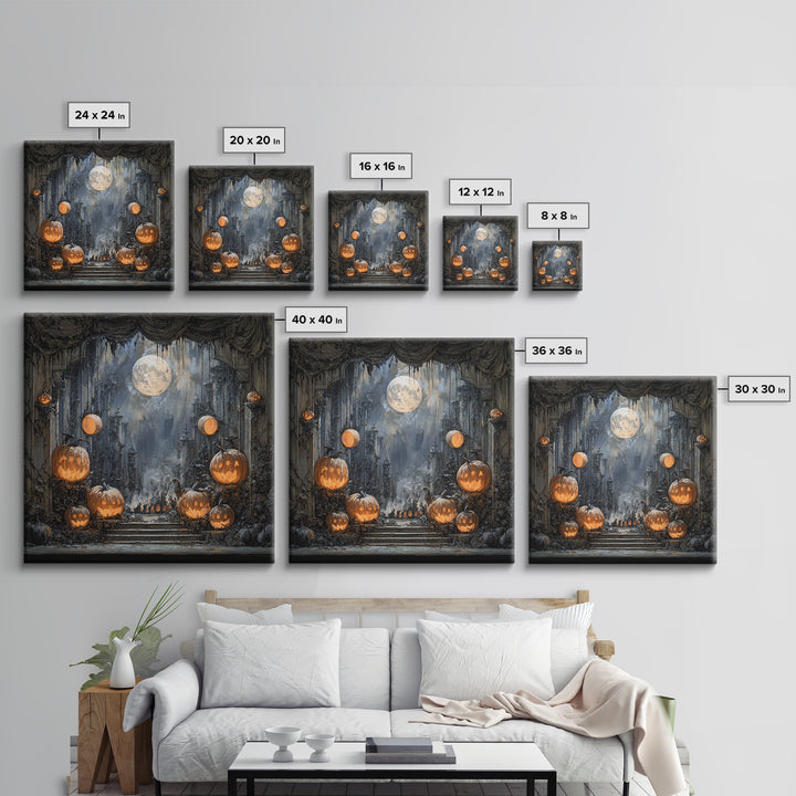 Pumpkins And Moon Phases, Square Wall Art, Dark Fantasy Wall Art, Canvas Print, Halloween Wall Decor, Gothic Home Decor