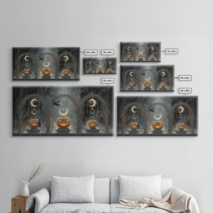 Pumpkins And Moon Phases, Wide Panoramic Art, Dark Halloween Decor, Canvas Print, Halloween Wall Decor, Gothic Home Decor, Horror Wall Art
