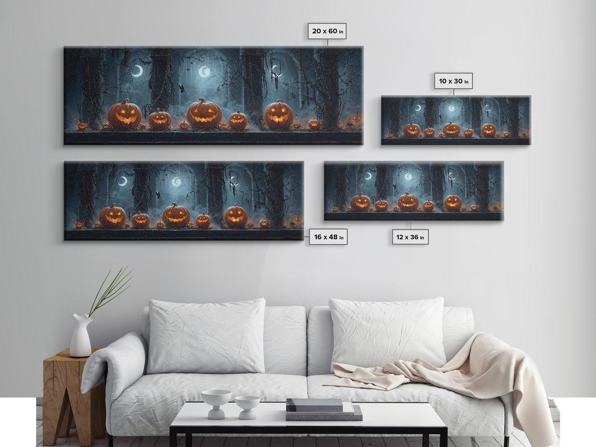 Pumpkins And Moon Phases, Extra Wide Wall Art, Macabre Wall Art, Framed Canvas Print, Halloween Wall Decor, Gothic Home Decor