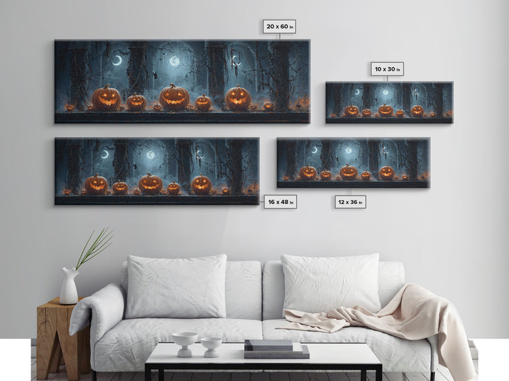 Pumpkins And Moon Phases, Extra Wide Wall Art, Macabre Wall Art, Framed Canvas Print, Halloween Wall Decor, Gothic Home Decor