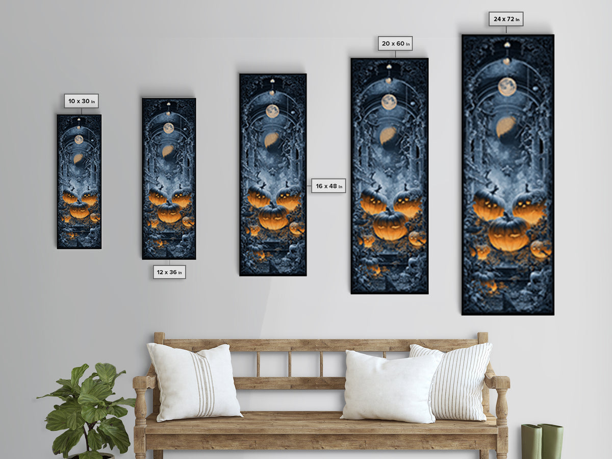 Pumpkins And Moon Phases, Tall Narrow Wall Art, Haunted Gothic Art, Framed Canvas Print, Halloween Wall Decor, Gothic Home Decor