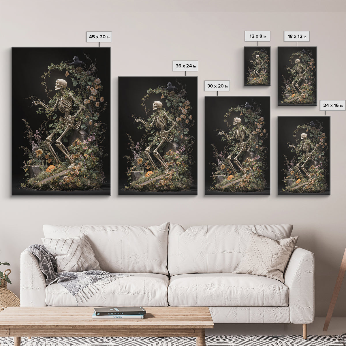 Skeletal Botanicals, Vertical Wall Art, Gothic Horror Wall Art, Framed Canvas Print, Halloween Wall Decor, Gothic Home Decor