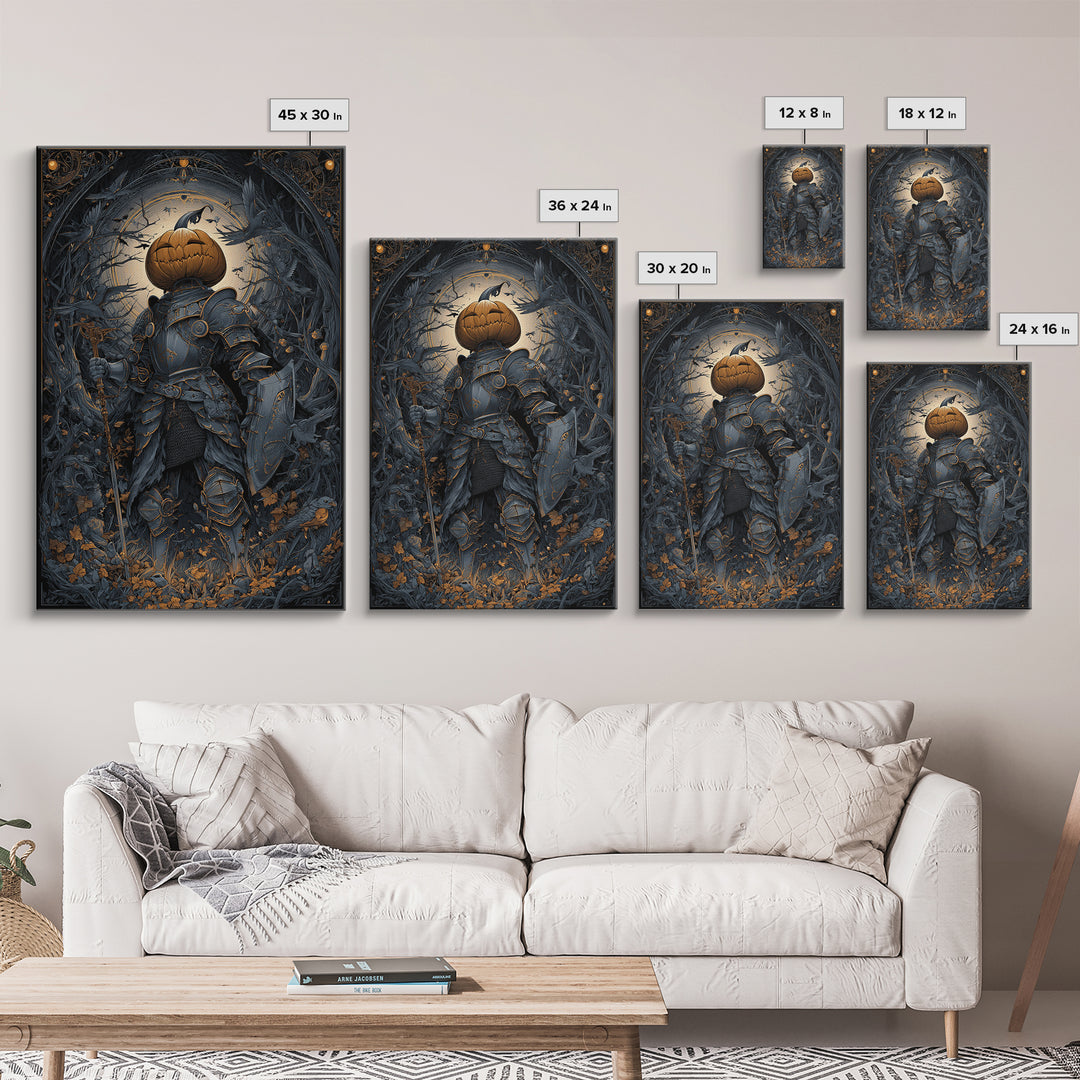The Pumpkin Paladin, Vertical Wall Art, Dark Halloween Decor, Canvas Print, Halloween Wall Decor, Gothic Home Decor, Statement Wall Art
