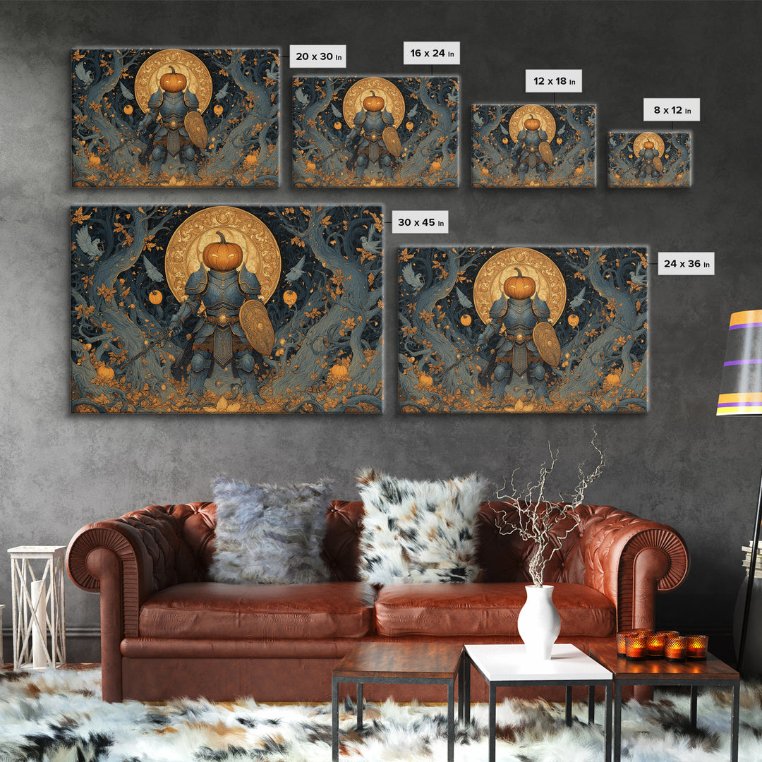 The Pumpkin Paladin, Landscape Wall Art, Haunted Gothic Art, Framed Canvas Print, Halloween Wall Decor, Gothic Home Decor